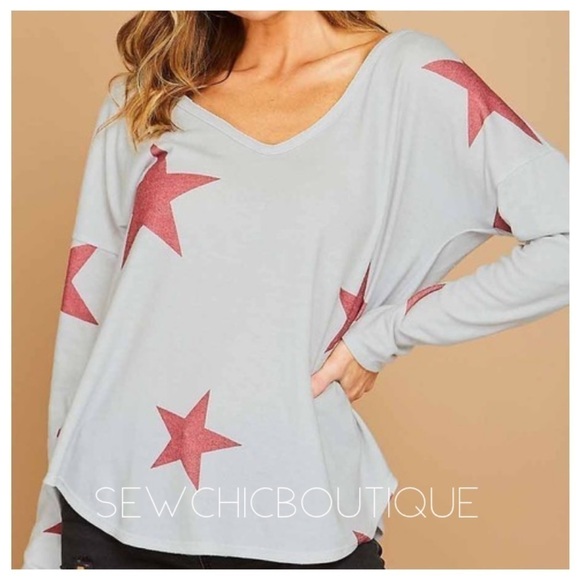 Gray Brushed Tunic w/ Burgundy Star Print - Picture 2 of 7